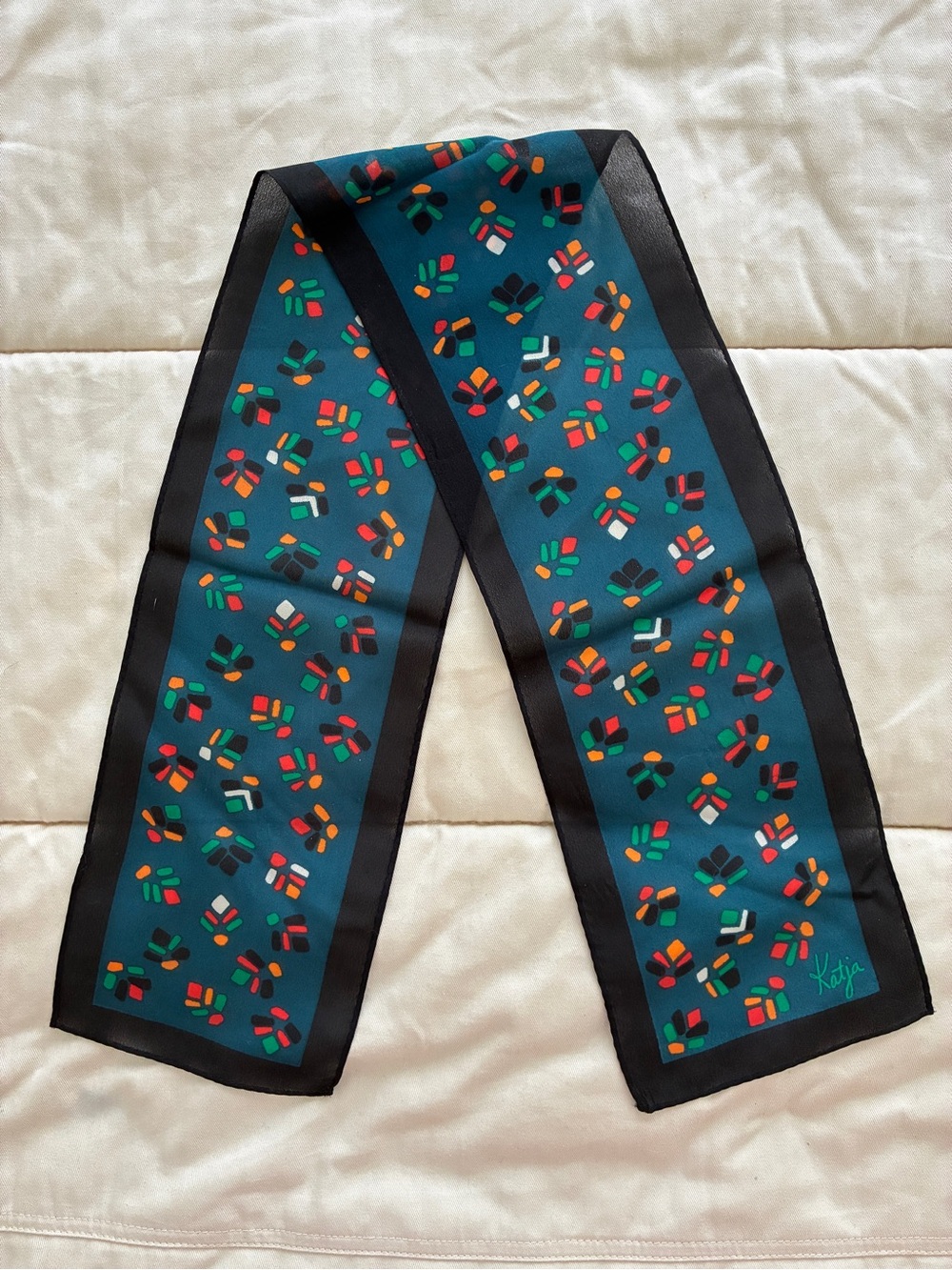 Vintage Katja Sheer Multicolor Abstract Print Scarf Black Teal 5.5” x 34.5”